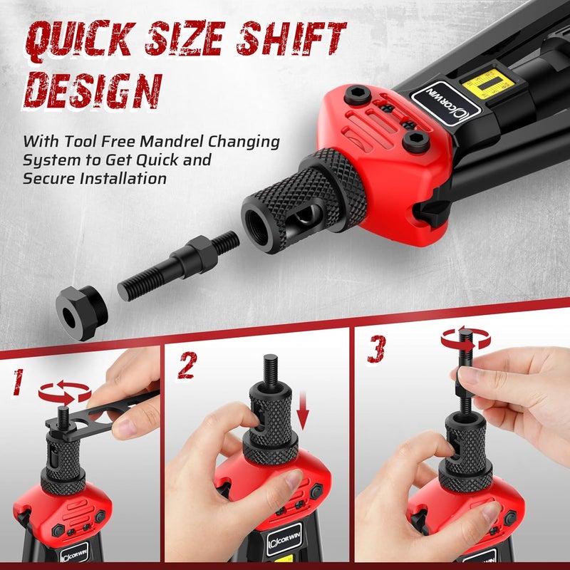 CORWIN Store 16" Rivet Nut Gun with Stroke Adjustment - 19 mandrels: 15 Metric and SAE Mandrels (M3-M12 & to 1/2") + 4 Pieces 1/4-20 Mandrels - 200 Threaded Nuts (100 Each) in Storage Boxes - Image 3